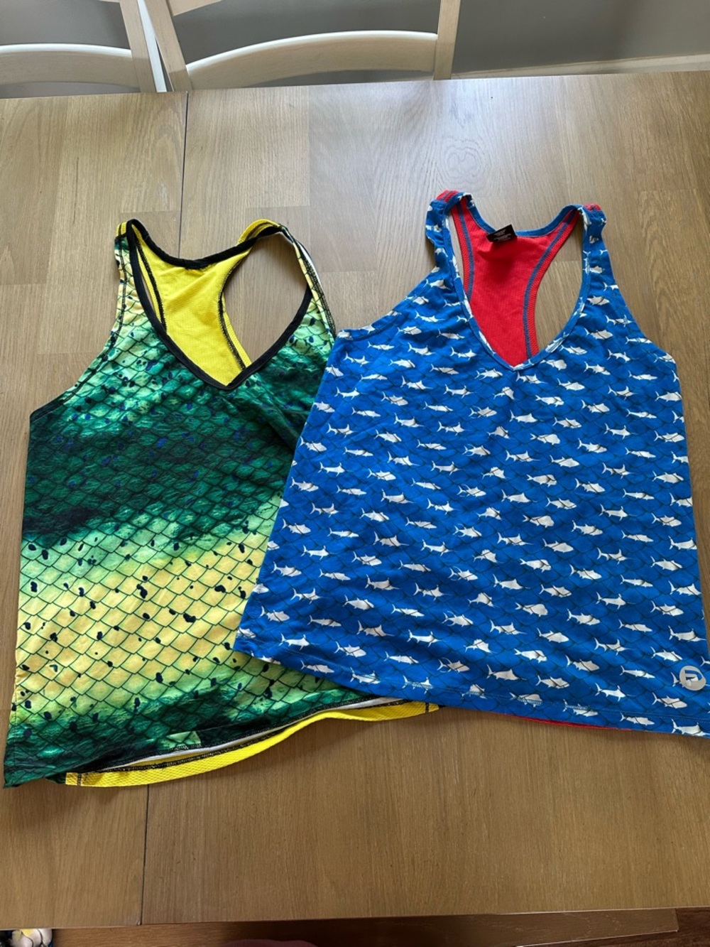 Pelagic Blue Shark-Print & Green Yellow Fishscale Reversible Tank Tops